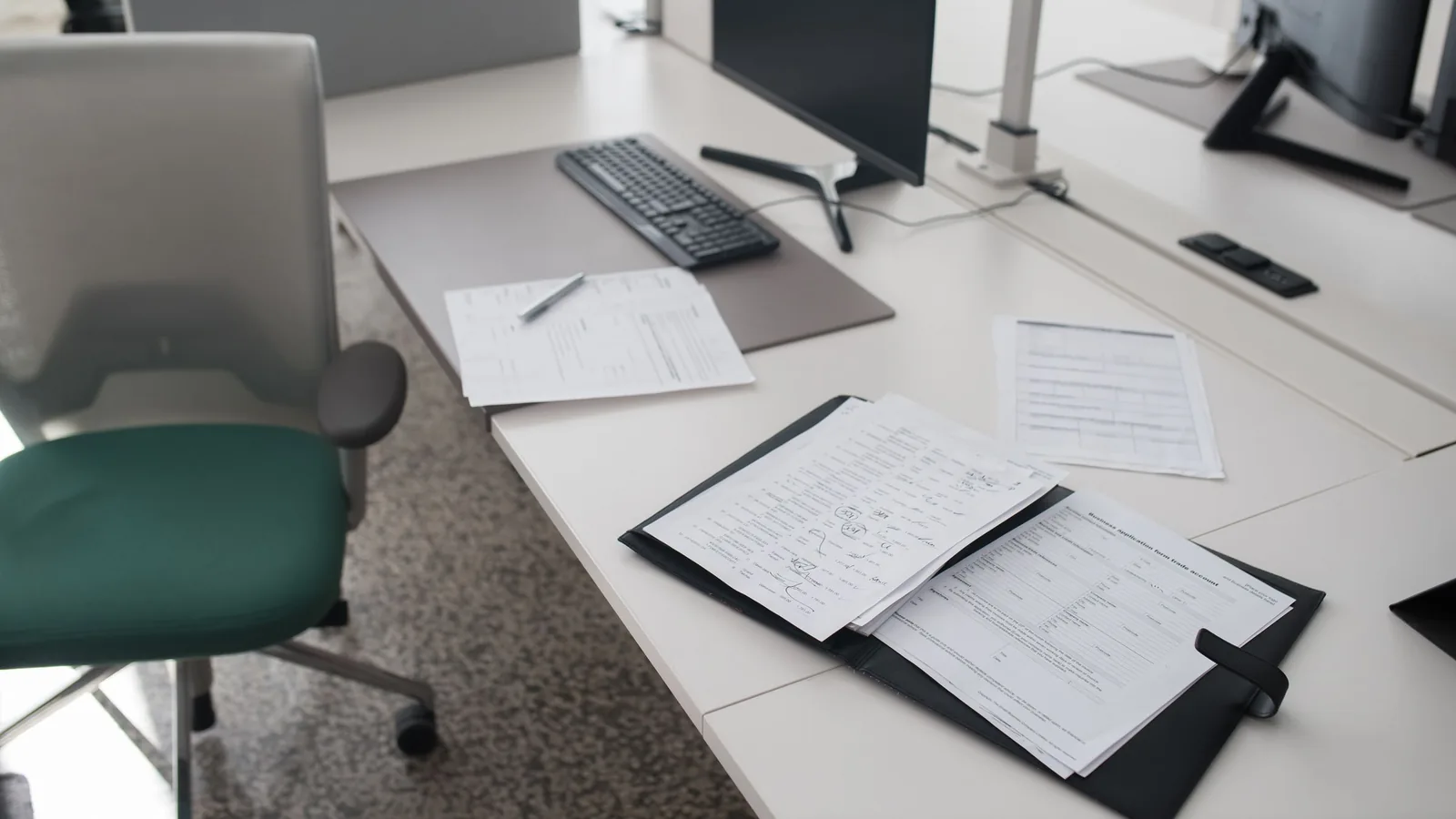Detalle de una mesa de trabajo con documentos y un bolígrafo