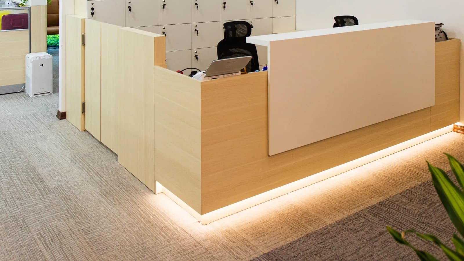 Recepción luminosa de un despacho con mostrador de madera clara